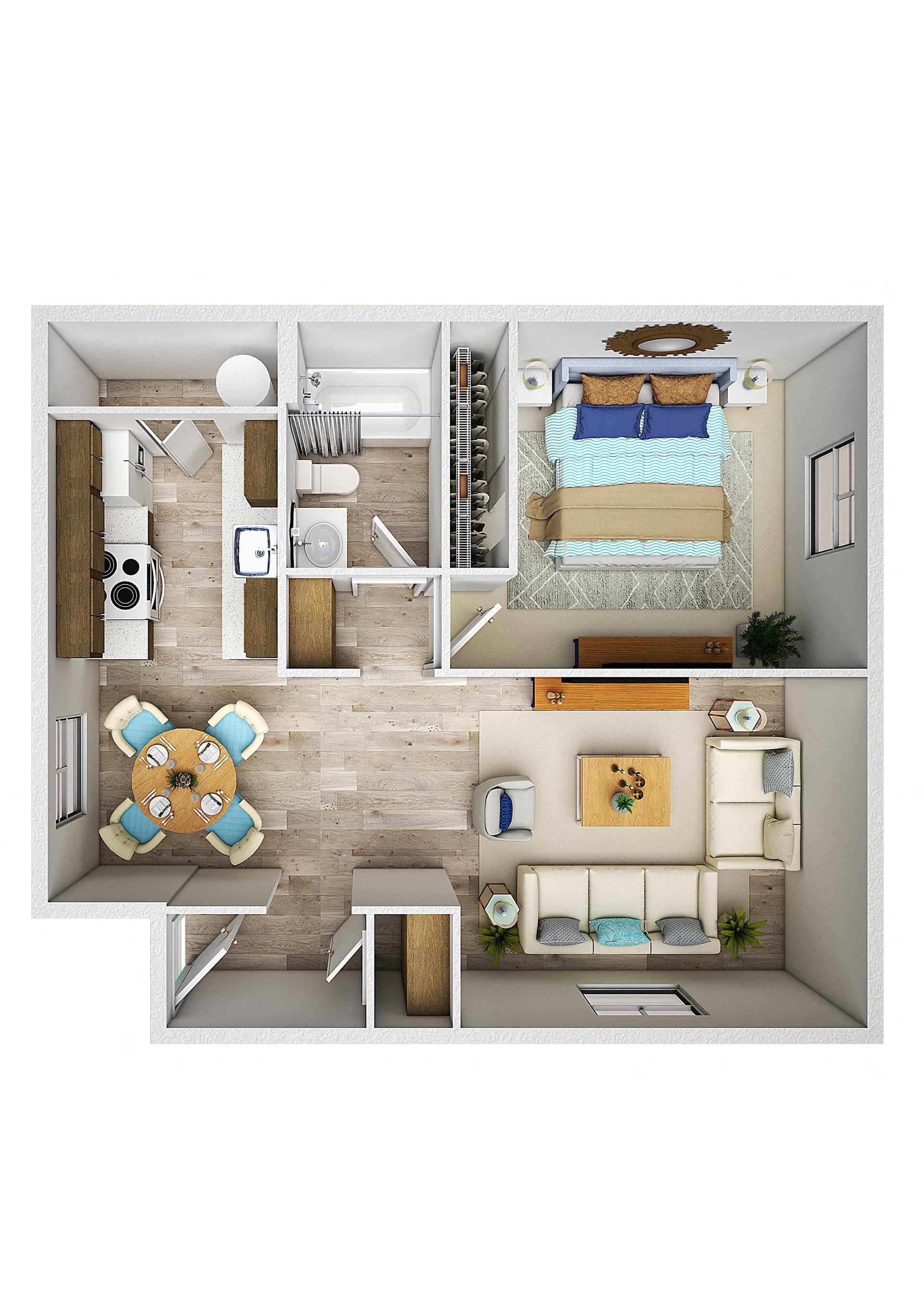 Floor plan for 1 bed, 1 bath, 652 sqft
